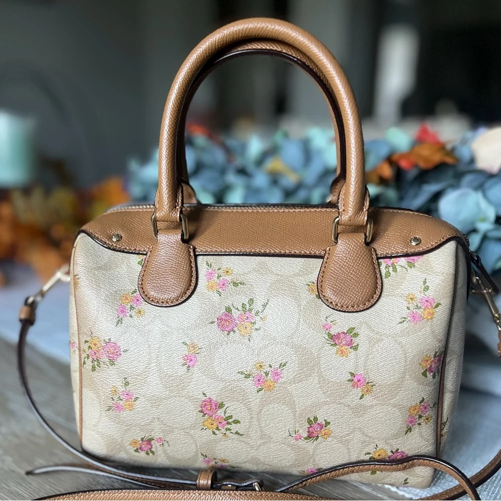 Coach Signature Canvas Floral Print Beige Brown Satchel Crossbody strap EUC - Picture 3 of 13